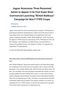 Jaguar Announces Three Renowned Actors to Appear in its First Super Bowl Commercial Launching "British Badboys" Campaign for New F-TYPE Coupe