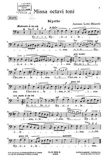 Partition basse , partie, Missa octavi toni, G major, Lotti, Antonio