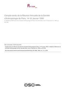 Compte-rendu de la Réunion Annuelle de la Société d'Anthropologie de Paris, 14-16 Janvier 1999  ; n°3 ; vol.10, pg 497-500