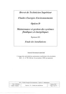 Etudes des installations 2005 Maintenance et gestion des systèmes fluidiques et énergétiques BTS Fluides énergies environnements