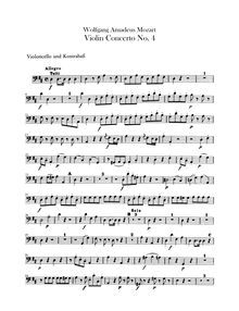 Partition violoncelles / Basses, violon Concerto No.4, D major, Mozart, Wolfgang Amadeus