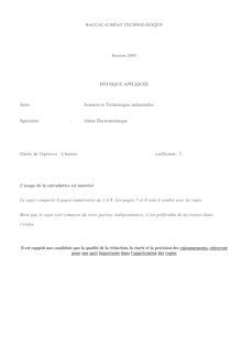 Baccalaureat 2003 physique appliquee s.t.i (genie electrotechnique)