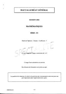 Mathématiques Spécialité 2004 Sciences Economiques et Sociales Baccalauréat général