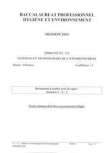 Sciences et technologies de l environnement 2003 Bac Pro - Hygiène et environnement