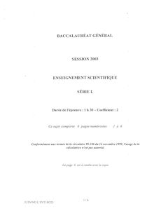 Enseignement scientifique 2003 Littéraire Baccalauréat général