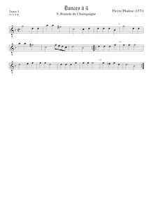Partition ténor viole de gambe 1, octave aigu clef, 9 Dances à 4 par Pierre Phalèse