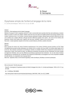 Dysphasie simple de l enfant et langage de la mère - article ; n°2 ; vol.93, pg 227-268