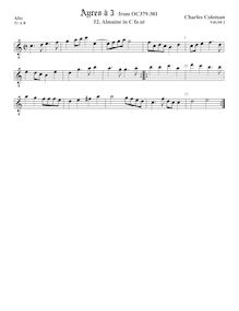 Partition ténor viole de gambe, octave aigu clef, Aris pour 3 violes de gambe par Charles Coleman