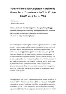 Future of Mobility: Corporate Carsharing Fleets Set to Grow from ~2,000 in 2013 to 85,000 Vehicles in 2020