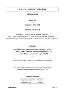 Baccalauréat LV2 Anglais 2016 - Séries générales