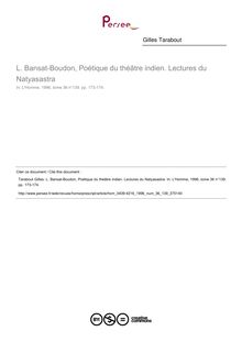 L. Bansat-Boudon, Poétique du théâtre indien. Lectures du Natyasastra  ; n°139 ; vol.36, pg 173-174