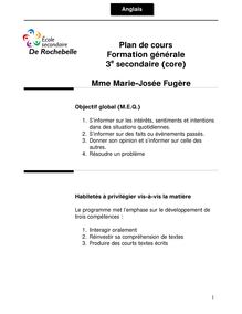 Plan de cours Formation générale 3e secondaire (core) Mme Marie ...