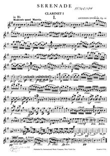 Partition clarinette 1 (B♭, A), Serenade pour vent Instruments, Serenáda pro dechové nástroje par Antonín Dvořák