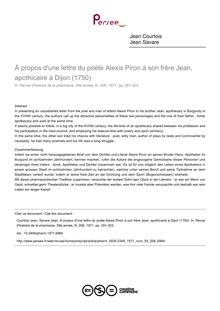 À propos d une lettre du poète Alexis Piron à son frère Jean, apothicaire à Dijon (1750) - article ; n°208 ; vol.59, pg 291-303