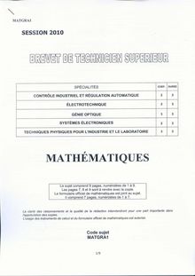 Mathématiques 2010 BTS Contrôle industriel et régulation automatique