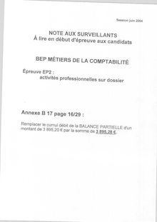 Epreuve technique : activités professionnelles sur dossier 2004 BEP - Métiers de la comptabilité