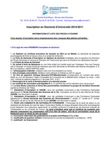 Inscription en Doctorat d Université 2010/2011