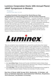 Luminex Corporation Hosts 10th Annual Planet xMAP Symposium in Monaco