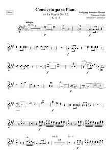 Partition hautbois 1/2, Piano Concerto No.12, A major, Mozart, Wolfgang Amadeus