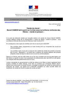 Viande de cheval : Benoît HAMON - Communiqué de presse du 26/02/2013