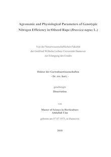 Agronomic and physiological parameters of genotypic nitrogen efficiency in oilseed rape (Brassica napus L.) [Elektronische Ressource] / Abdullah Ulas
