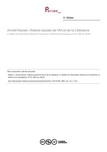 Arnold Hauser. Histoire sociale de l Art et de la Littérature  ; n°1 ; vol.18, pg 64-68