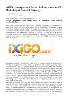 iXiGO.com Appoints Saurabh Srivastava as VP, Marketing & Product Strategy