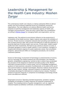 Leadership & Management for the Health Care Industry: Moshen Zargar