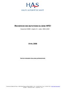 Mutations du gène HFE1 - Synthèse hémochromatose
