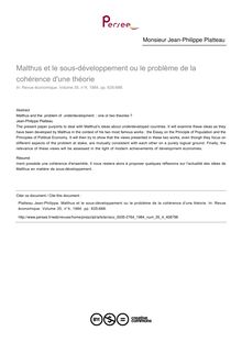 Malthus et le sous-développement ou le problème de la cohérence d une théorie - article ; n°4 ; vol.35, pg 635-666