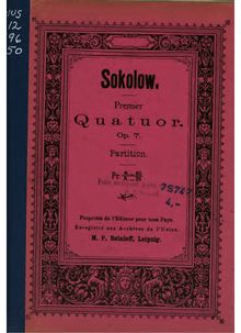 Partition complète, corde quatuor No.1, Op.7, F major, Sokolov, Nikolay