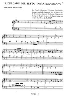 Partition complète, Ricercare del Sesto Tono per Organo, Padovano, Annibale