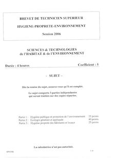 Sciences et technologies de l habitat et de l environnement 2006 BTS Hygiène propreté environnement