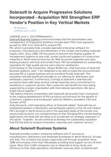Solarsoft to Acquire Progressive Solutions Incorporated - Acquisition Will Strengthen ERP Vendor s Position in Key Vertical Markets