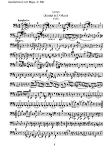 Partition violoncelle, corde quintette No.5, D major, Mozart, Wolfgang Amadeus