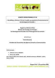 Sensibiliser, informer et former le public aux questions d environnement et de développement durable. Grenelle de l environnement. Rapport du Comité opérationnel. COMOP n° 34.