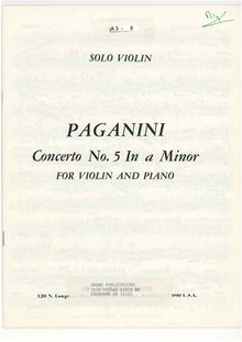 Partition Solo partition de violon, violon Concerto No.5, Paganini, Niccolò