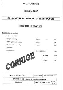 Corrige MC SOUDAGE Analyse du travail et technologie 2007