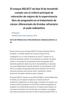 El ensayo SELECT de fase III de lenvatinib cumple con el criterio principal de valoración de mejora de la supervivencia libre de progresión en el tratamiento de cáncer diferenciado de tiroides refractario al yodo radioactivo