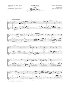 Partition complète (Descant, aigu enregistrements), 3 duos pour clarinette et basson