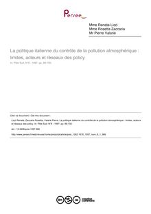 La politique italienne du contrôle de la pollution atmosphérique : limites, acteurs et réseaux des policy - article ; n°1 ; vol.6, pg 86-100