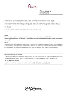 Mémoire d un laboratoire : les livrets promotionnels des médicaments homéopathiques de l abbé Chaupitre entre 1933 et 1939 - article ; n°321 ; vol.87, pg 49-58