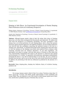 Sleeping in safe places: An experimental investigation of human sleeping place preferences from an evolutionary perspective