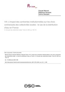 L impact des contraintes institutionnelles sur les choix contractuels des collectivités locales : le cas de la distribution d eau en France - article ; n°1 ; vol.23, pg 109-118