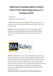 BIA/Kelsey Forecasts Digital to Reach 70% of Total Yellow Pages Revenue in Europe by 2016