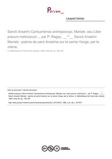 Sancti Anselmi Cantuariensis archiepiscopi, Mariale, seu Liber precum metricarum..., par P. Ragey.   Sancti Anselmi Mariale : poème de saint Anselme sur la sainte Vierge, par le même.  ; n°1 ; vol.46, pg 158-159