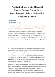 Frost & Sullivan: Limited Hospital Budgets Prepare Europe for a Breakthrough in Refurbished Medical Imaging Equipment