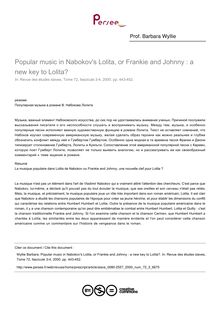 Popular music in Nabokov s Lolita, or Frankie and Johnny : a new key to Lolita? - article ; n°3 ; vol.72, pg 443-452