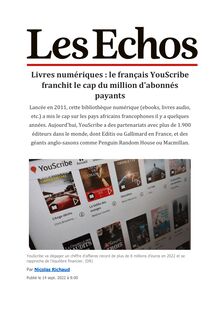 Les Echos - Livres numériques : le français YouScribe franchit le cap du million d abonnés payants
