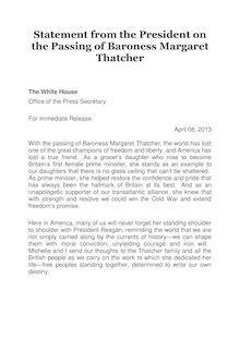 White House : Statement from the President on the Passing of Baroness Margaret Thatcher